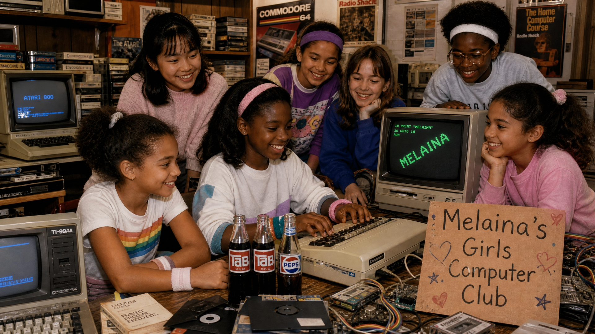 Young Melaina and friends gathered around a Commodore 64 at the original Girls Computer Club